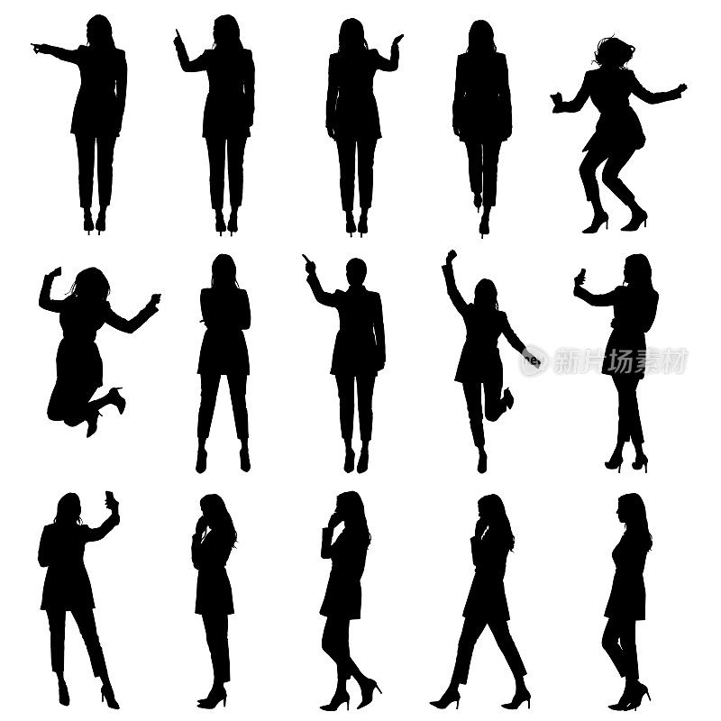 Set of business woman in suit using phone and touch screen in different situations silhouettes
